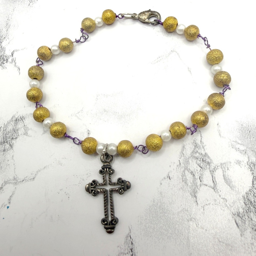 Gold Bead Cross Bracelet 8" Purple Wire Religious Charm‎ Lobster Claw